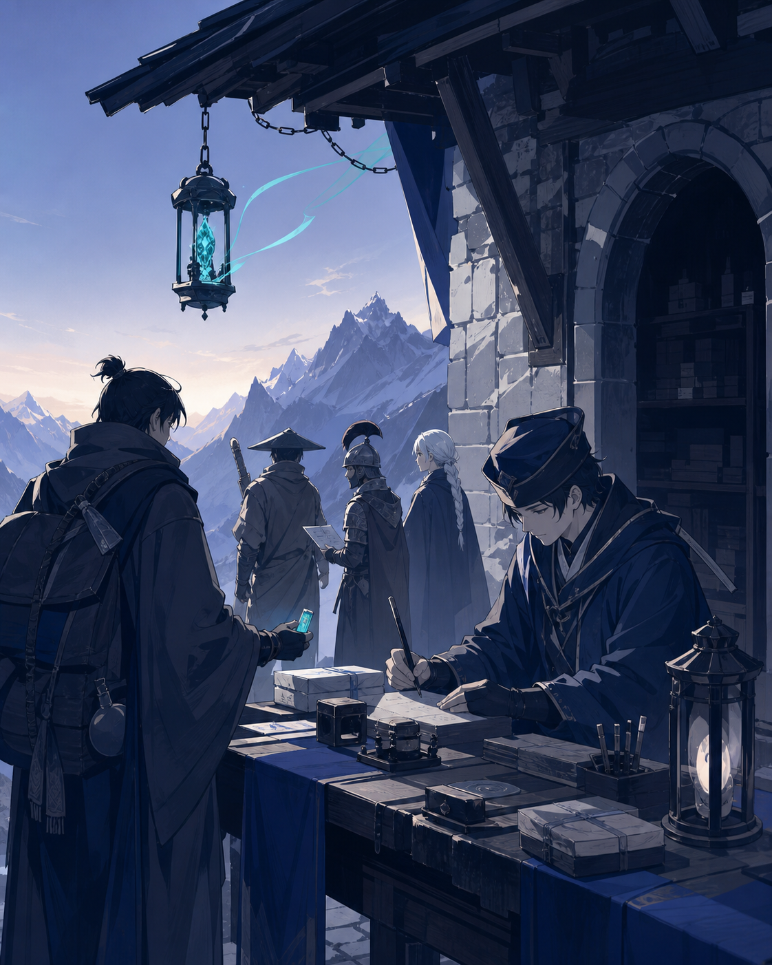 A mountain postal station serving travelers from several impossible centuries, grounded in convincing period materials with one restrained supernatural event. Painterly historical scene centered on work, place, and atmos