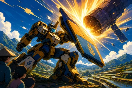 An agricultural mecha defending terraced rice fields from a falling satellite, bracing against a shockwave while protecting civilians just outside frame. Dynamic low-angle action f