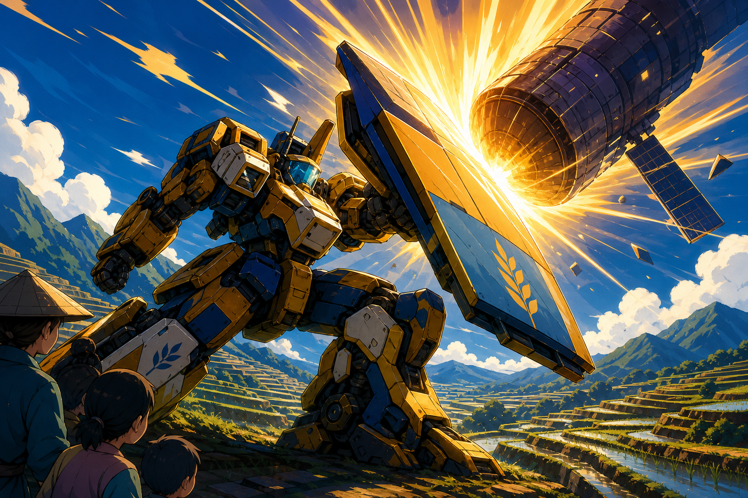 An agricultural mecha defending terraced rice fields from a falling satellite, bracing against a shockwave while protecting civilians just outside frame. Dynamic low-angle action frame with a strong diagonal movement lin