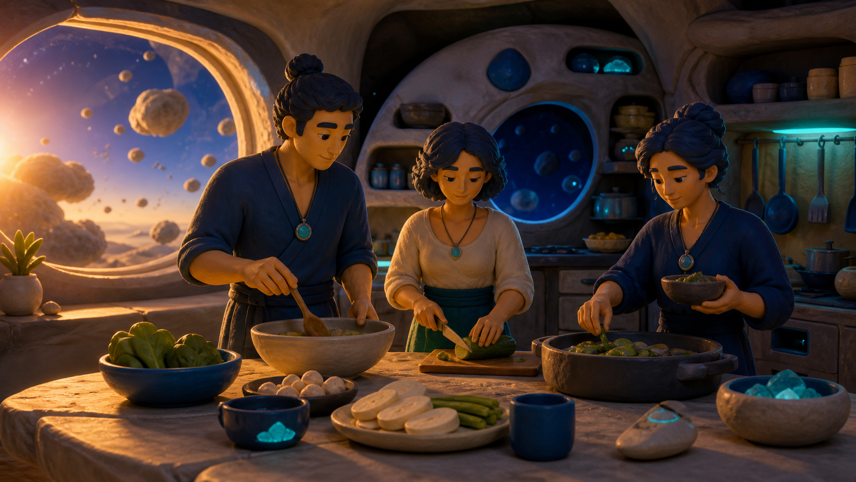 A family of adult siblings preparing dinner in their inherited asteroid home, at the peaceful end of a long work shift. Intimate table-level composition anchored by a shared everyday task. Ultramarine, bioluminescent tur