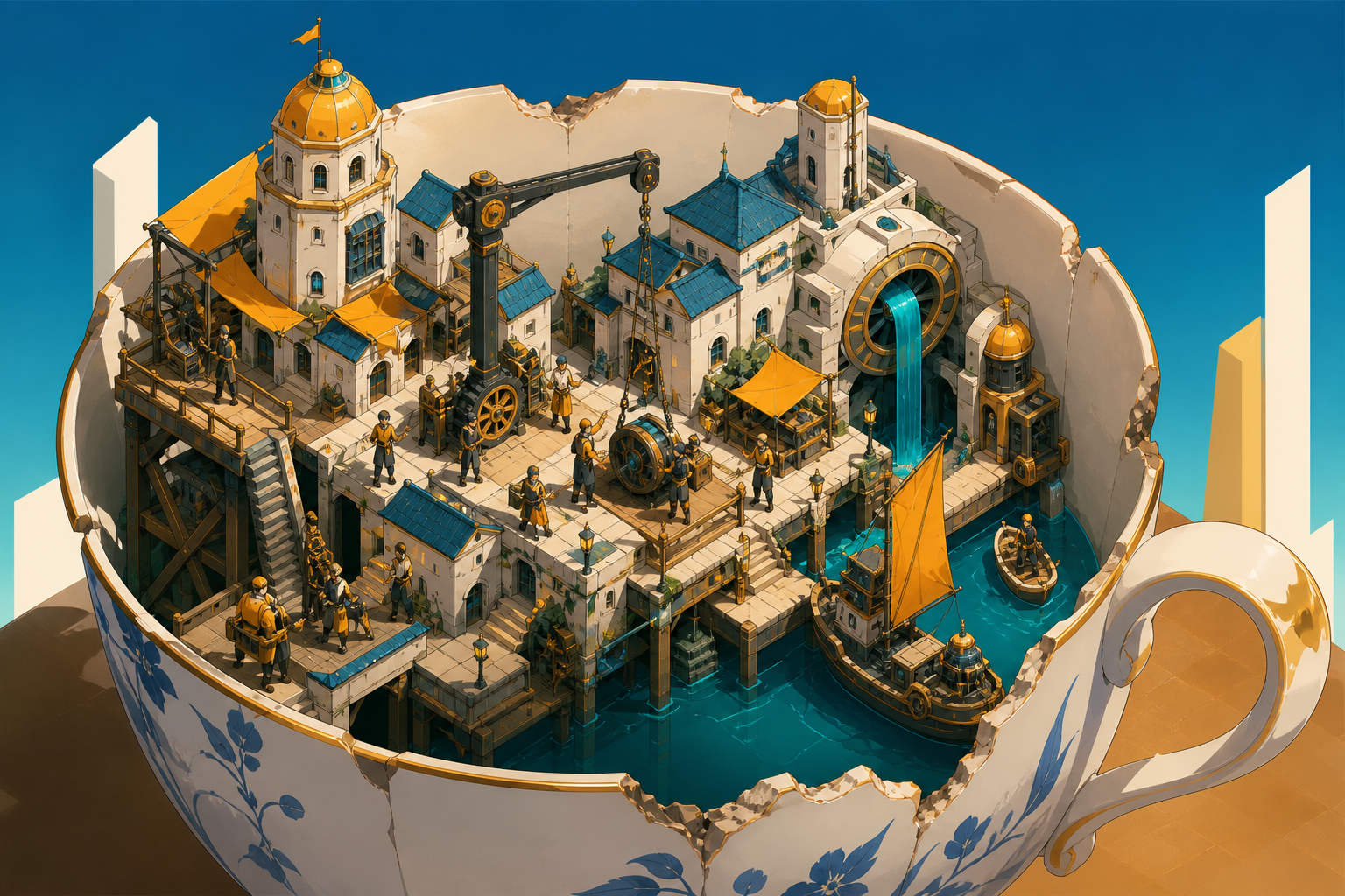A harbor town thriving inside a chipped porcelain teacup, as inhabitants solve an everyday problem using ingenious small machinery. Isometric-like miniature vista with multiple readable zones of activity. Saffron, peacoc