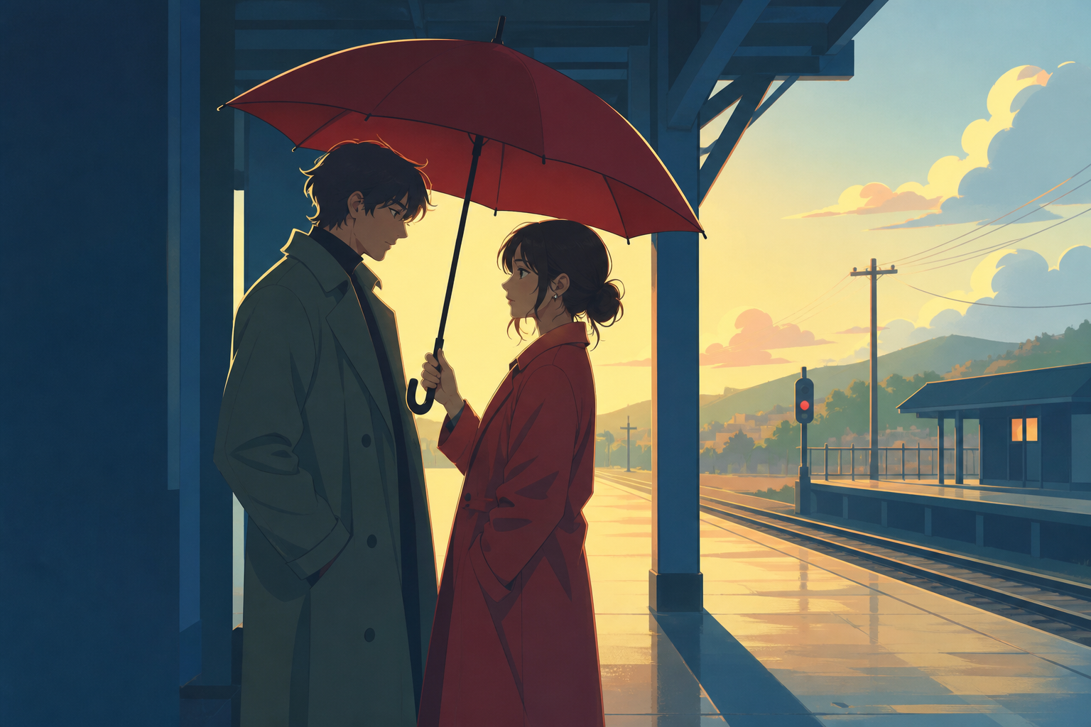 Two adult rivals sharing an umbrella after missing the last train, during a bittersweet transition with the environment carrying the emotion. Cinematic two-person frame using architecture and negative space to express th