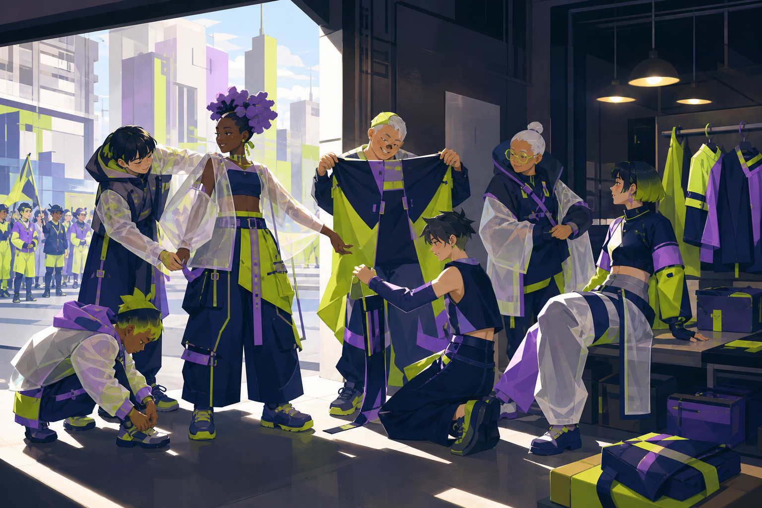 Friends styling modular clothing before a night parade, in a public urban location that explains how the clothing functions. Full-body fashion narrative with environment supporting the outfit. Acid lime, ultraviolet, mat