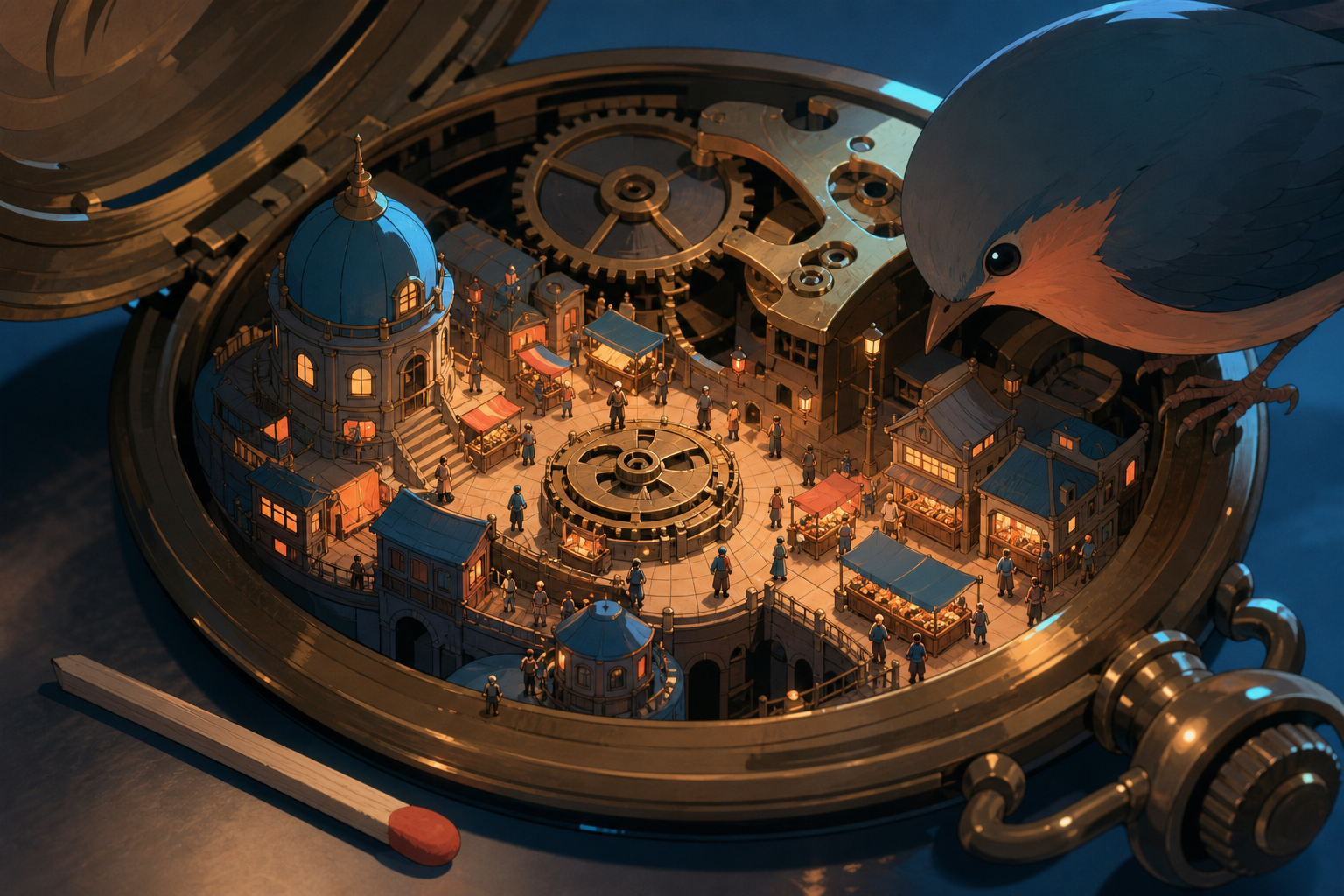 A bustling market hidden inside the mechanism of a pocket watch, observed at close range with ordinary objects revealing the tiny scale. Macro diorama composition with one ordinary object anchoring scale. Amber, walnut b
