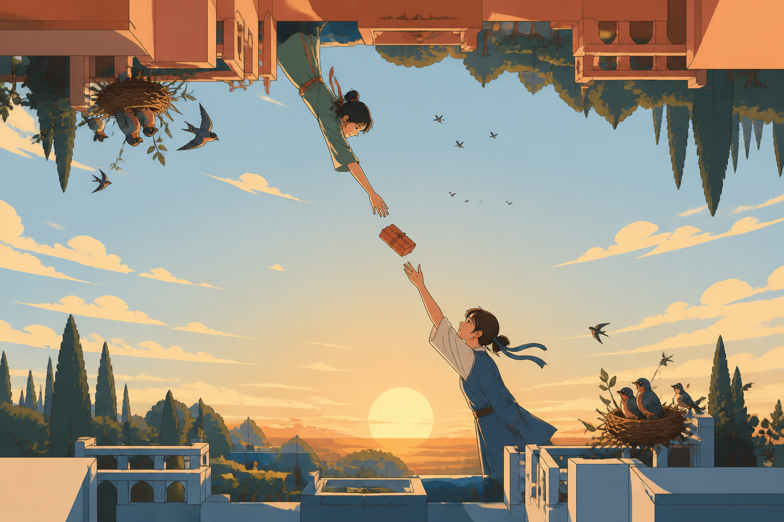 Birds calmly nesting between two opposing forests, during an everyday exchange across the central open space. Symmetrical wide frame with opposing worlds above and below. Clay red, sage, faded denim, and sunflower yellow