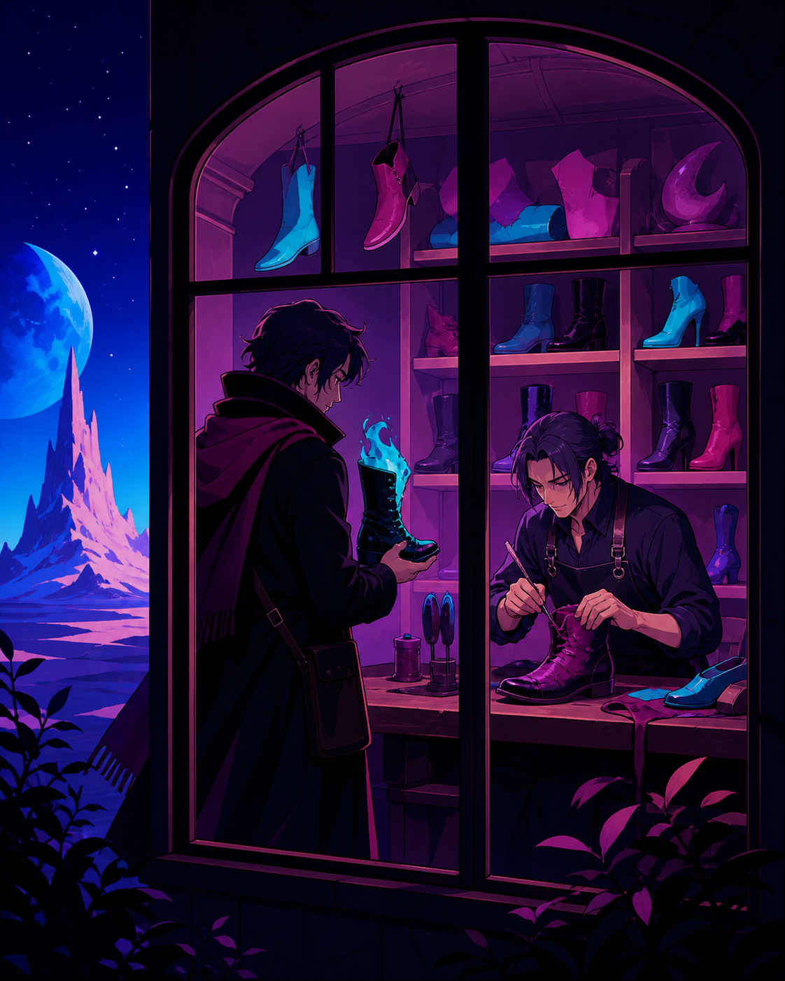 A cobbler repairing boots worn thin by journeys through dreams, when a familiar customer returns an item for a surprising reason. View from outside the window into a warmly arranged interior. Saturated magenta, electric 