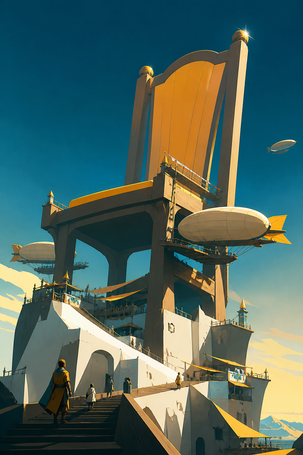 An enormous empty chair serving as a rest station for migrating airships, shown through ordinary life continuing around the impossible landmark. Vertical composition following settlements up the monumental structure. Saf