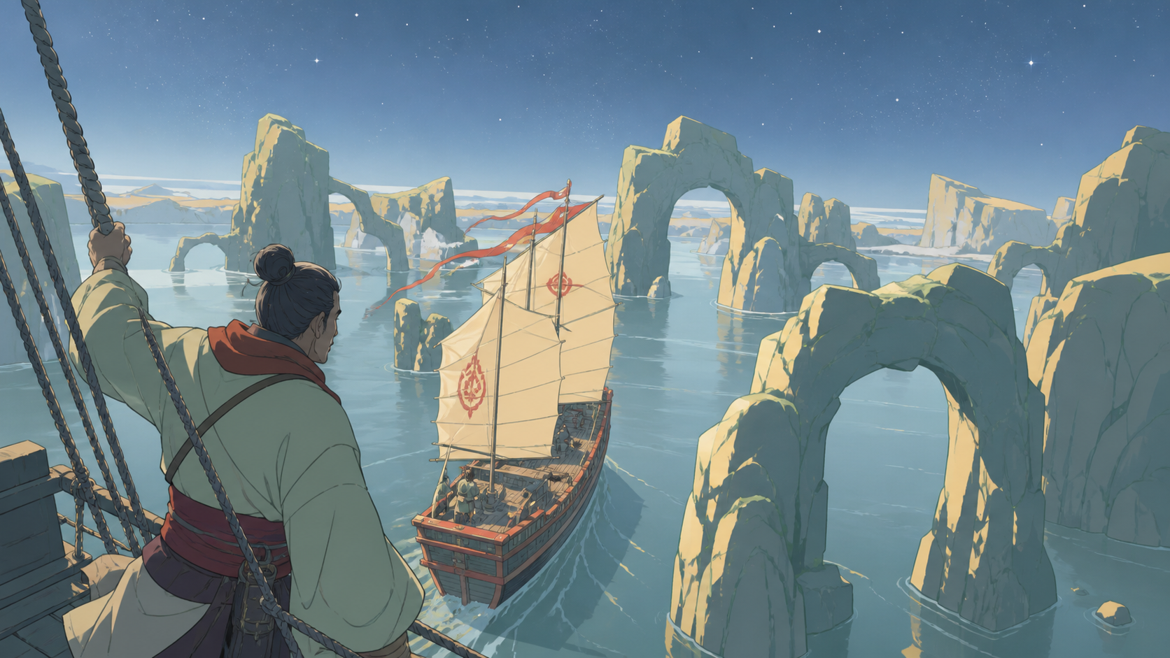 An adult harbor pilot guiding a ceremonial ship through a maze of stone arches, during a clear day when the route becomes unexpectedly unfamiliar. High coastal viewpoint following the ship's route through the scene. Soft