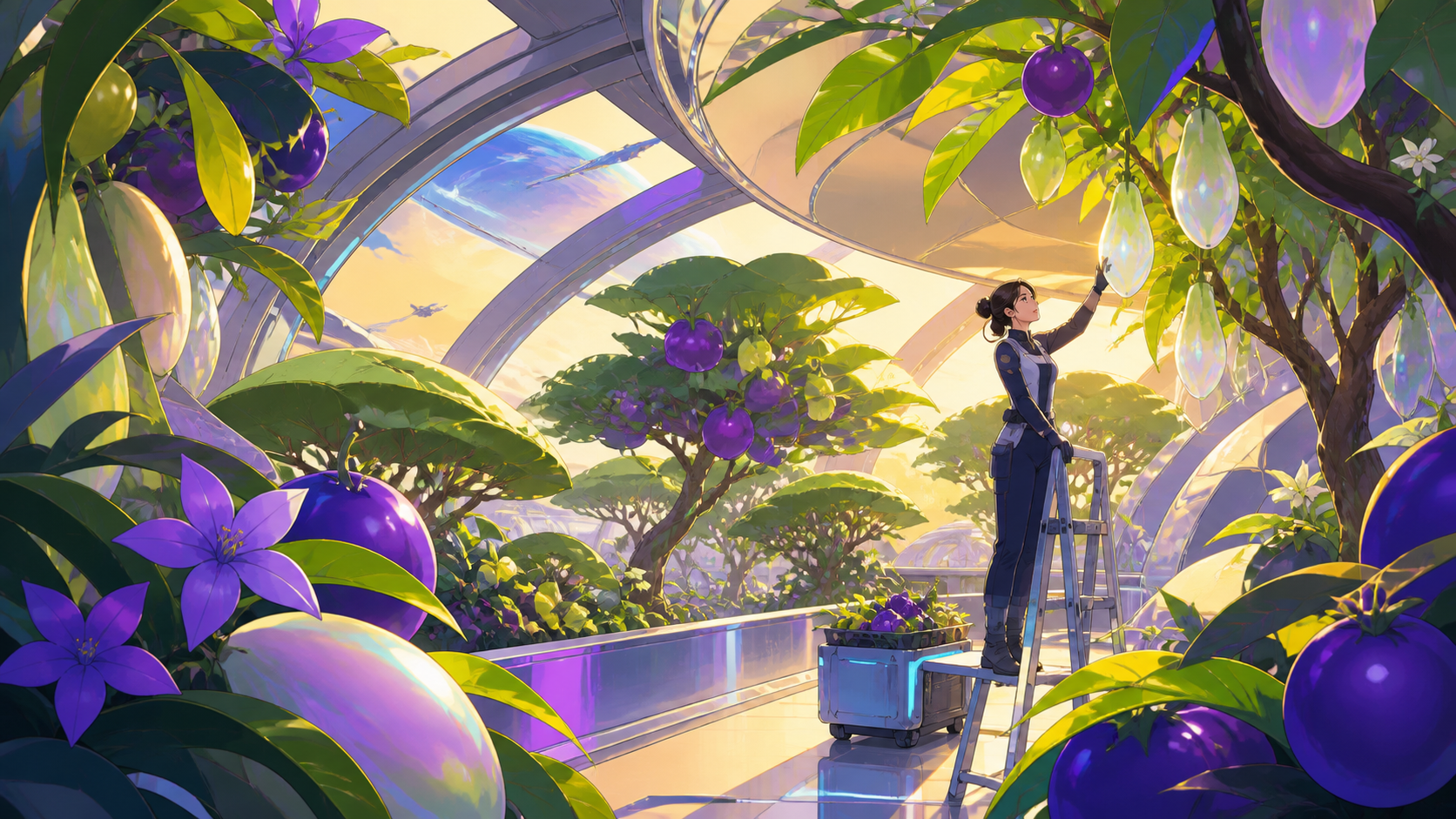 A greenhouse spacecraft tending the last orchard from Earth, during a routine caretaking task that reveals the scale of the ecosystem. Architectural greenhouse vista structured by repeating organic forms. Acid lime, ultr