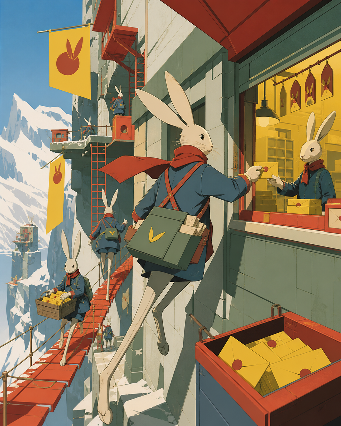 A cliffside postal route maintained by long-legged rabbit couriers, during a public tradition whose purpose is clear from the action. Street-level view immersed in the society's everyday architecture. Clay red, sage, fad