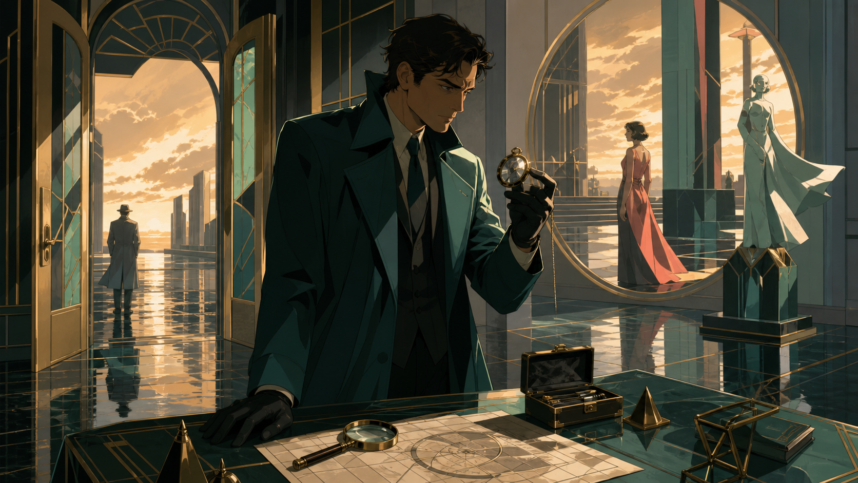 An adult detective reconstructing a crime that occurred inside a shared dream, at the turning point where one overlooked object solves half the mystery. Cinematic noir frame using doorways and reflected figures to layer 