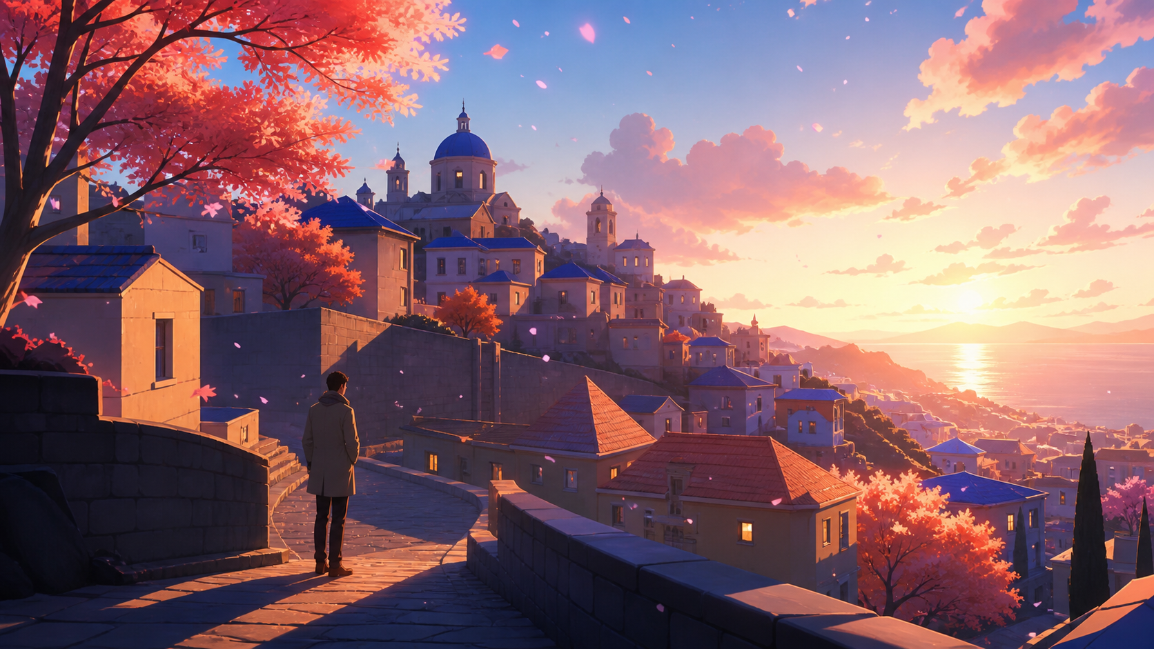 A hillside town waking beneath the first impossible pink snowfall, shown during a fleeting natural event residents quietly anticipate each year. Vertical scenic composition following a path through several elevations. Co