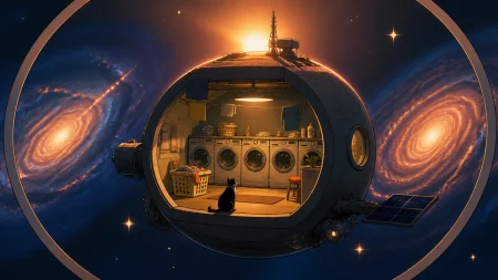 A quiet laundromat orbiting alone between two galaxies, seen during an impossible sunrise with intimate signs of daily life. Graphic celestial composition organized around a bold c