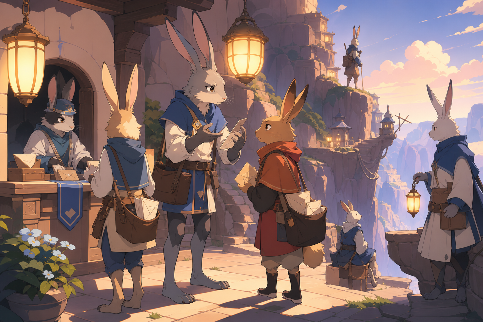 A cliffside postal route maintained by long-legged rabbit couriers, as a minor civic problem brings several personalities together. Busy civic tableau with one central interaction guiding the eye. Sun-bleached peach, des