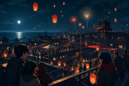 A rooftop fireworks celebration spanning dozens of connected buildings, during the final hour when decorations begin drifting into the sky. Immersive crowd-level panorama with clea