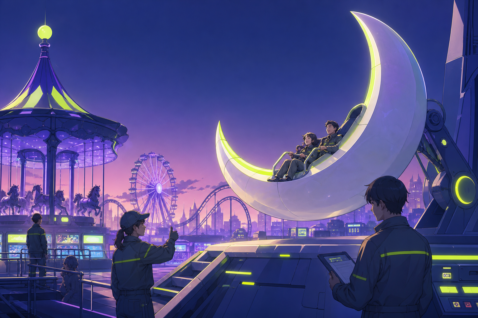 Workers testing a new moon-shaped ride before the gates open, during a joyful evening built from lights, rides, and small relationships. Ride-level view looking across layered attractions and city lights. Acid lime, ultr