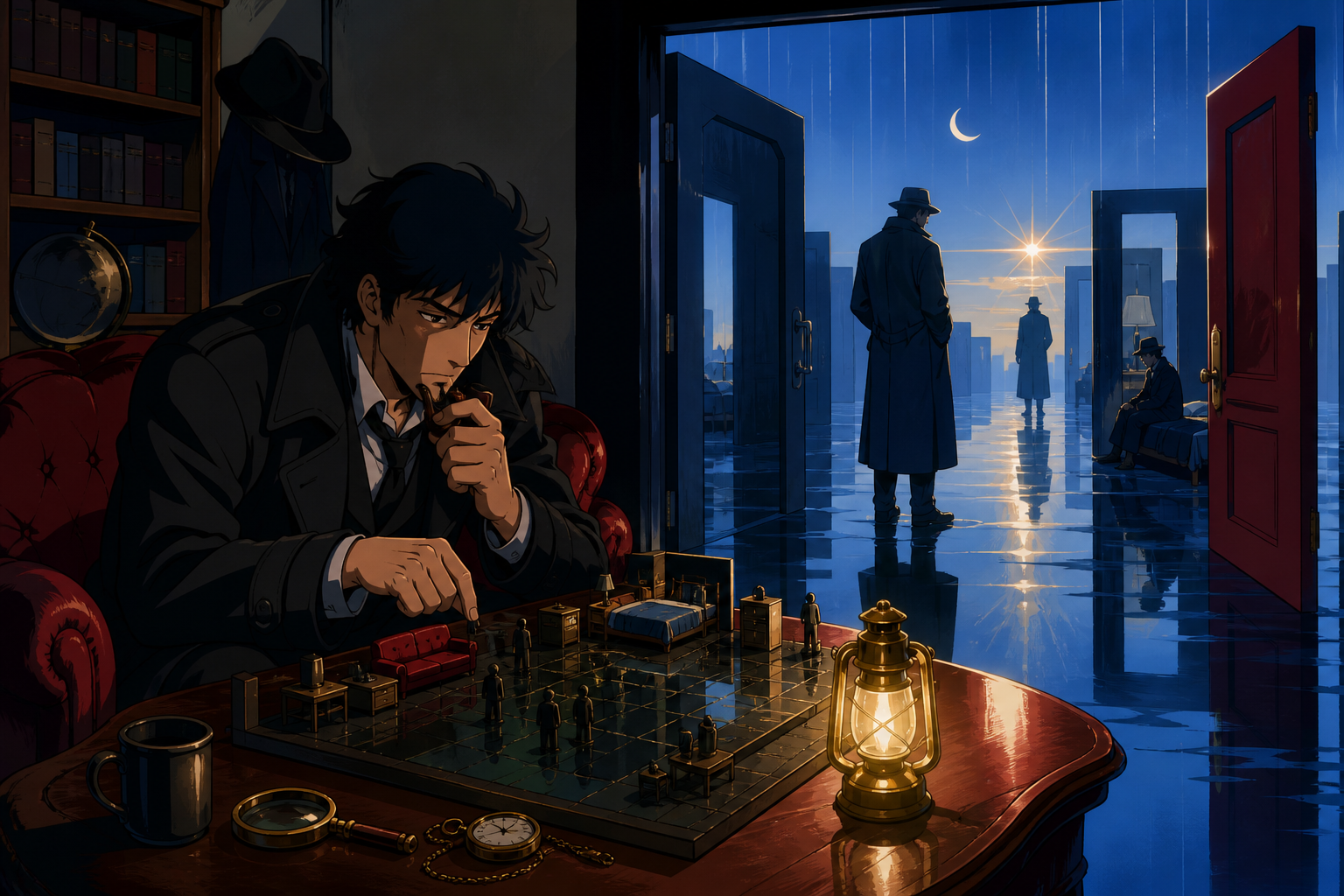 An adult detective reconstructing a crime that occurred inside a shared dream, during a rain-heavy night with no obvious culprit in sight. Cinematic noir frame using doorways and reflected figures to layer the mystery. P
