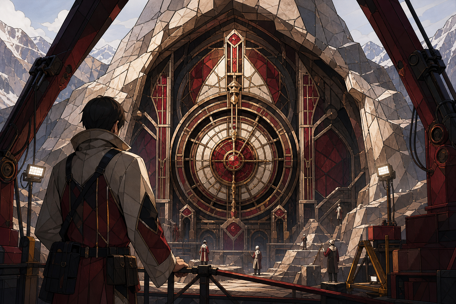 A mountain excavation revealing a ceremonial machine still keeping time, at the first careful reveal before any object is moved. Over-the-shoulder reveal framed by excavation equipment. Crimson, black cherry, muted bronz