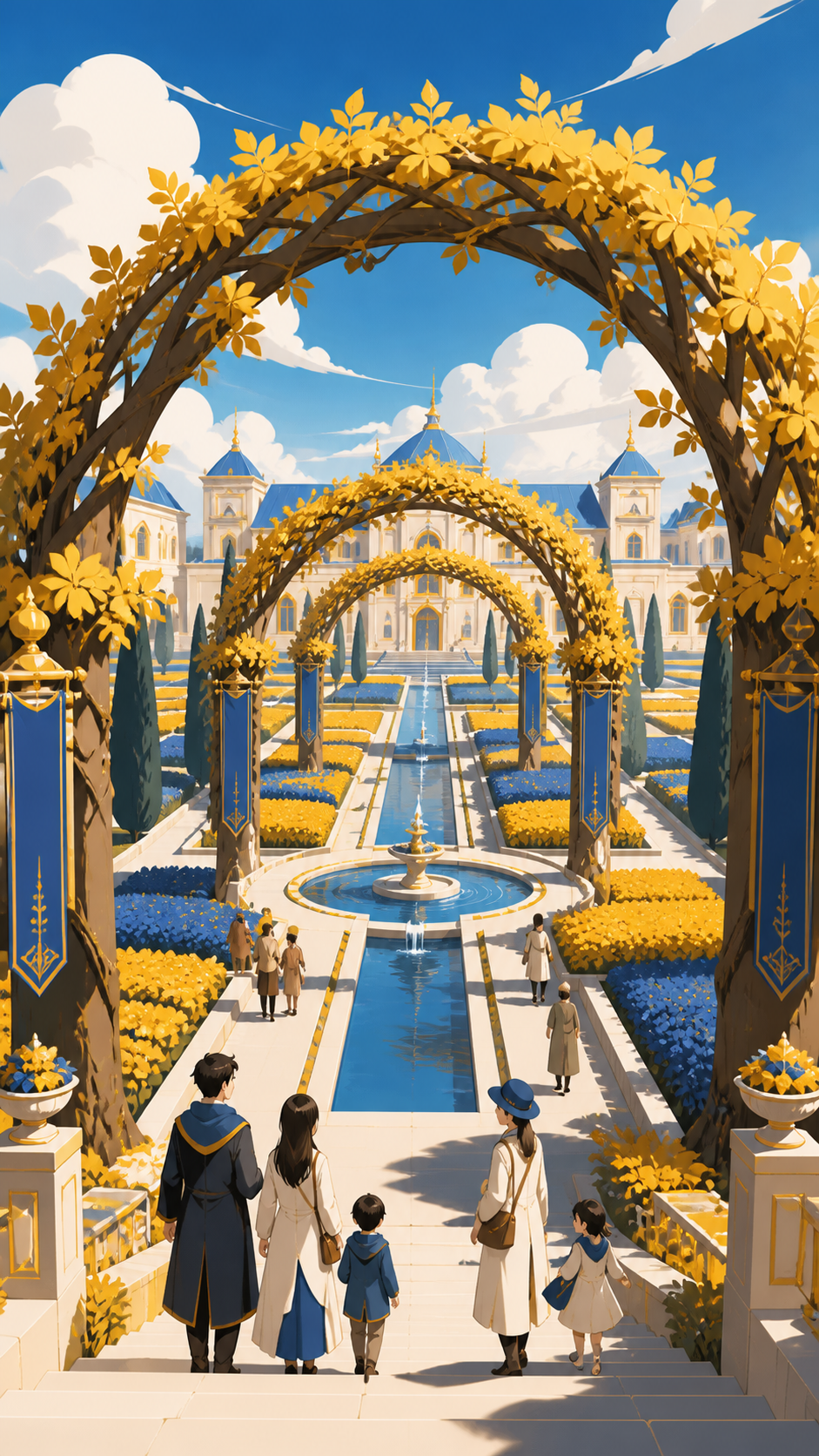 A palace garden where trees are trained into walkable arches, during a quiet public morning with visitors of several ages. Elevated composition revealing geometric planting and water structure. Saffron, peacock blue, dar