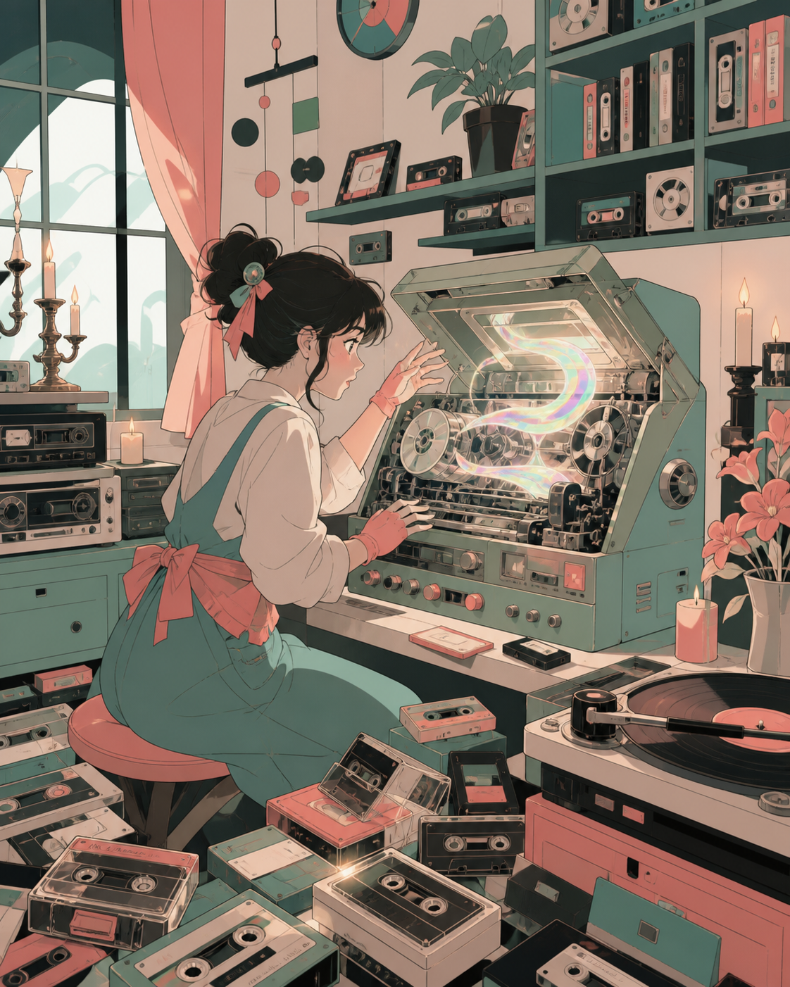 A cassette repair kiosk that restores sounds people thought they had forgotten, as one machine behaves differently from every previous night. Nostalgic room-wide frame organized around one active machine. Celadon, coral 