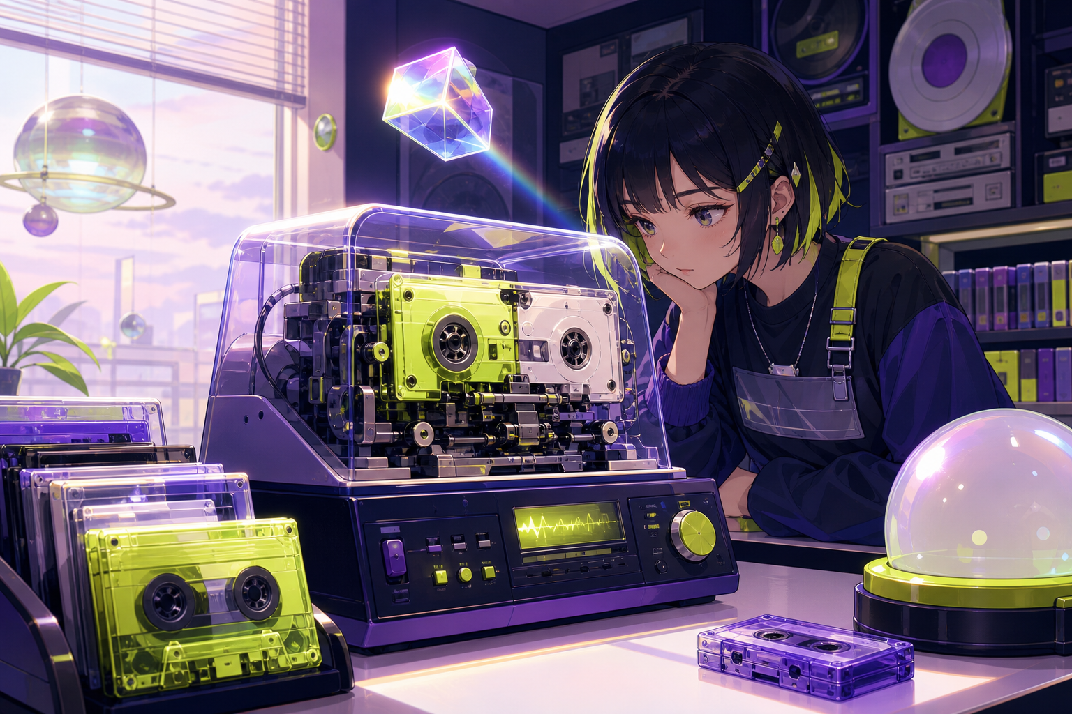 A cassette repair kiosk that restores sounds people thought they had forgotten, as one machine behaves differently from every previous night. Close counter scene with equipment creating strong foreground shapes. Acid lim