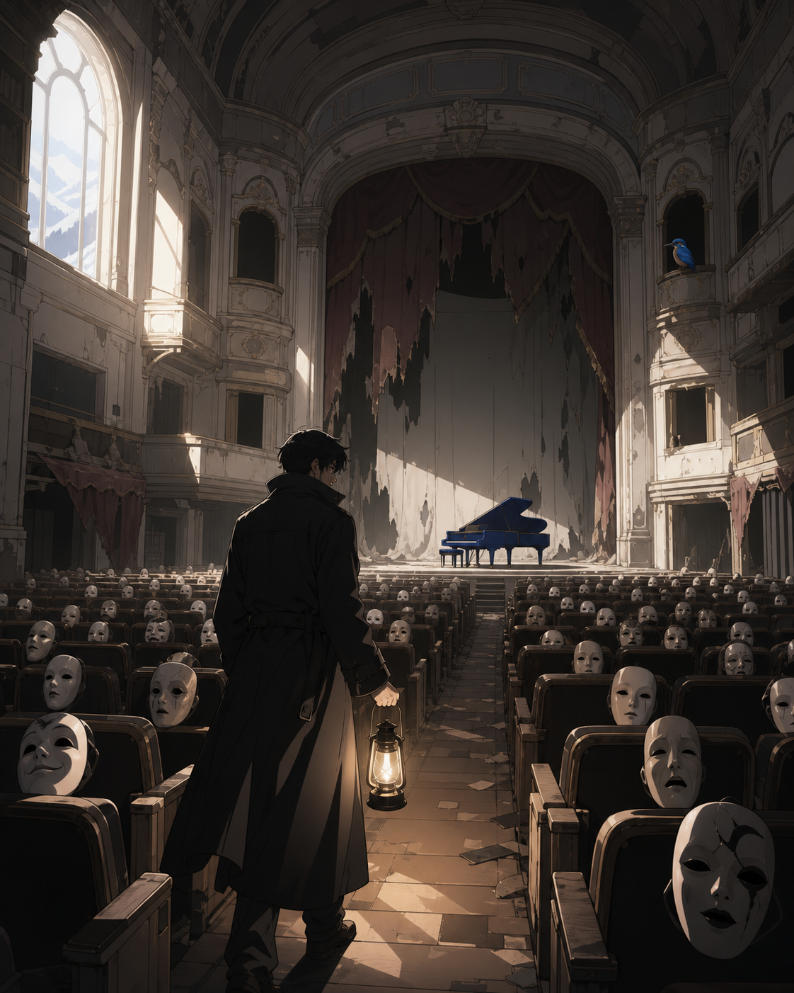 An abandoned theater where every empty seat holds a different porcelain mask, explored by one cautious adult carrying a weak practical light. Still symmetrical frame disturbed by one small impossible detail. Soft monochr