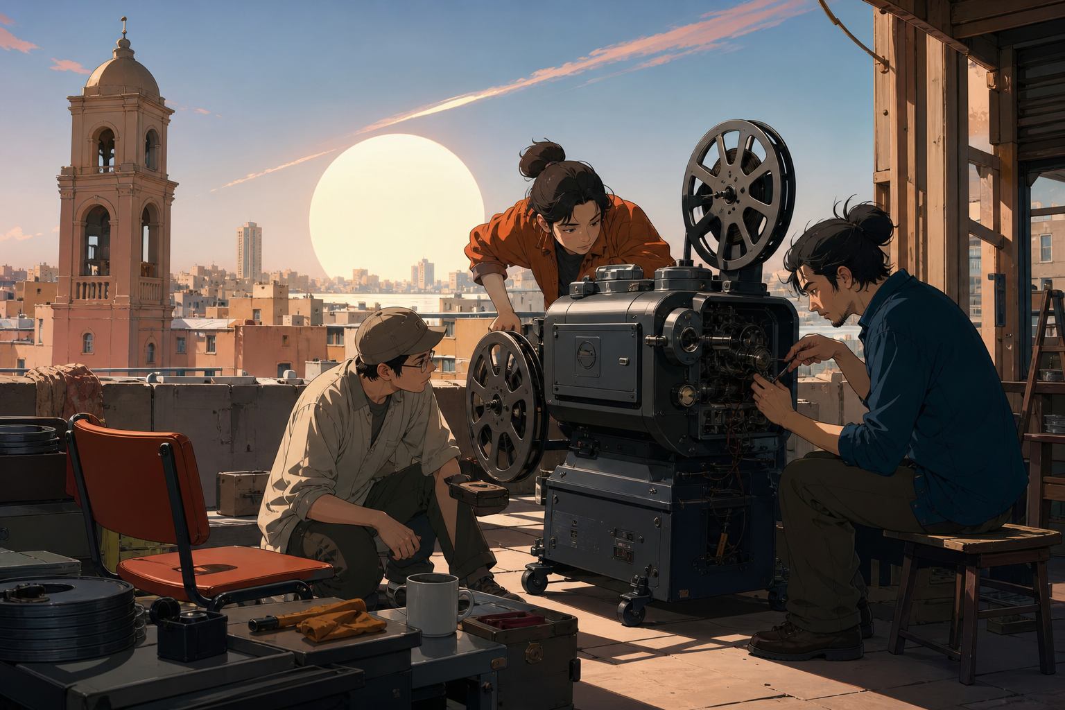 Three adult friends repairing an old rooftop cinema projector, during a quiet weekday hour when the city briefly feels private. Observational street-level frame with foreground movement and a clear focal story. Sun-bleac