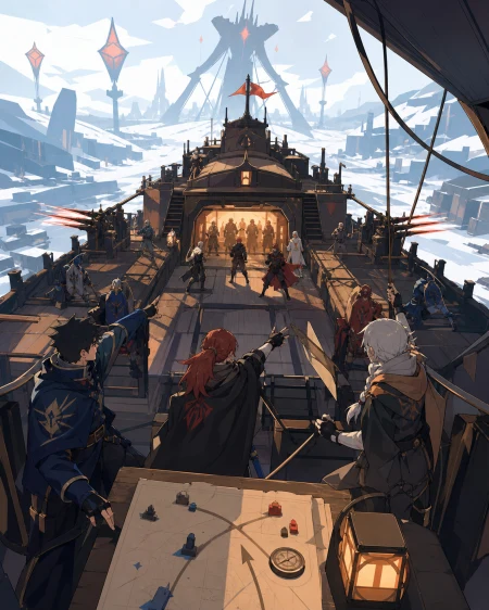 Three rival guilds forced to defend the same moving fortress, with civilians already safe and the environment shaping the strategy. Elevated tactical view with clear paths and coor