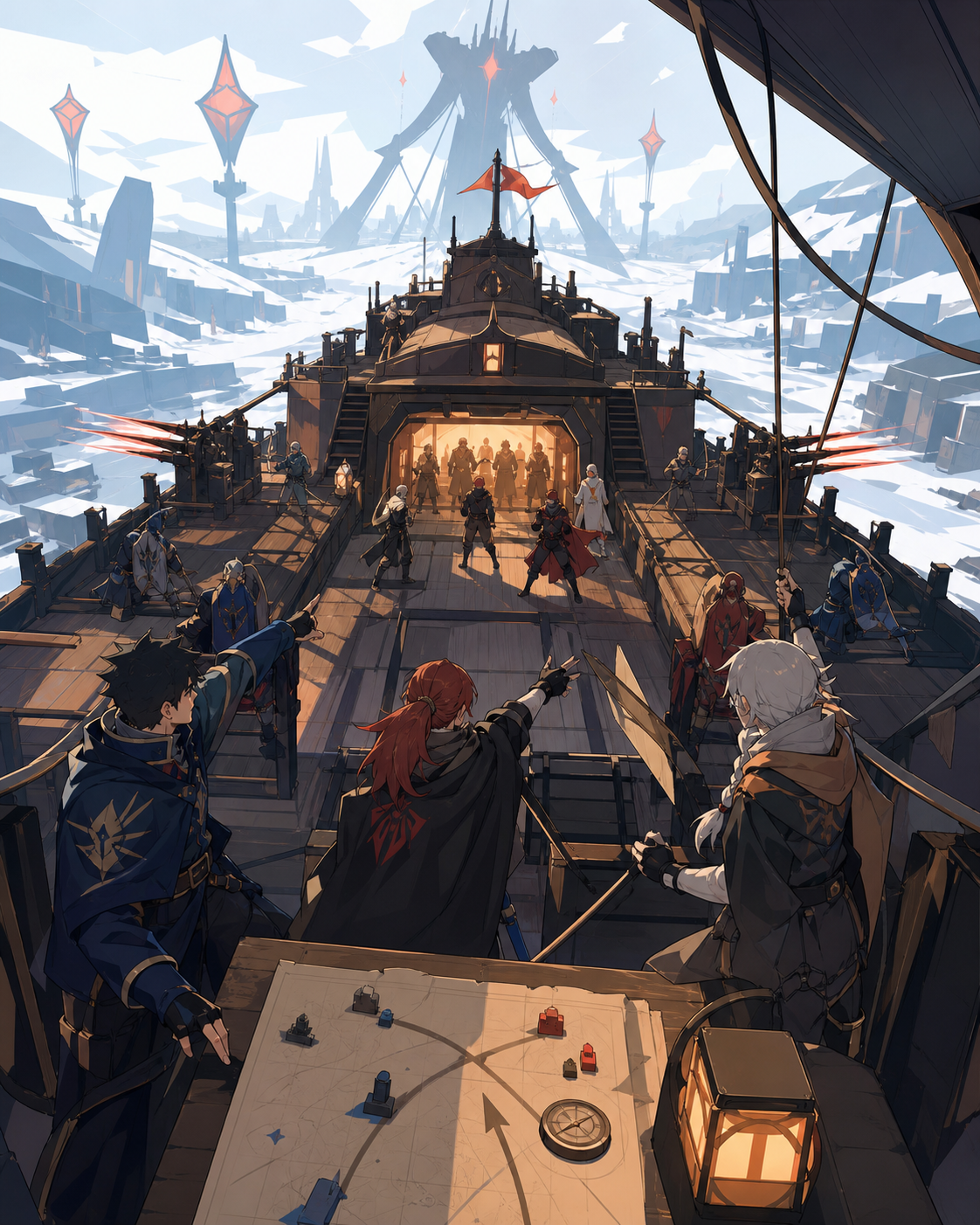 Three rival guilds forced to defend the same moving fortress, with civilians already safe and the environment shaping the strategy. Elevated tactical view with clear paths and coordinated movement. Amber, walnut brown, r