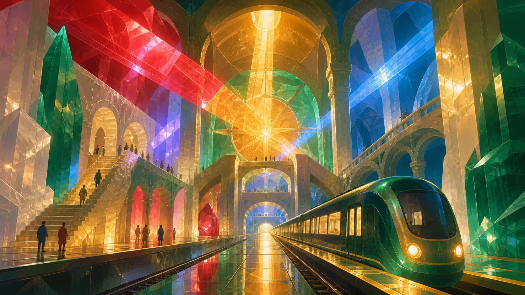 An underground railway cathedral carved from luminous salt, as sunlight passes through it in physically impossible directions. Architectural hero view with controlled symmetry and deep spatial layers. Emerald, stained-gl