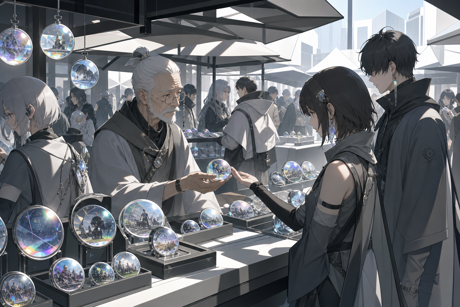 An elderly vendor offering memories stored in simple glass tokens, at the busiest hour with many distinct but readable transactions. Close counter scene framed by product shapes and expressive customers. Monochrome graph