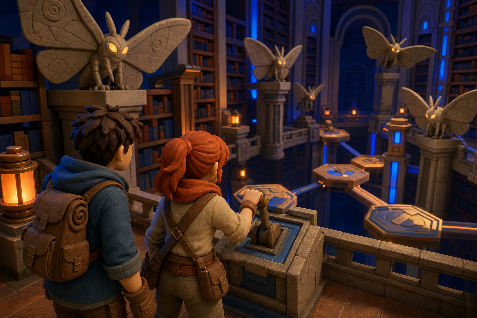 Two treasure hunters navigating a library patrolled by stone moths, solving an environmental obstacle through teamwork rather than combat. Over-the-shoulder discovery frame revealing a large navigable space. Cobalt, pers