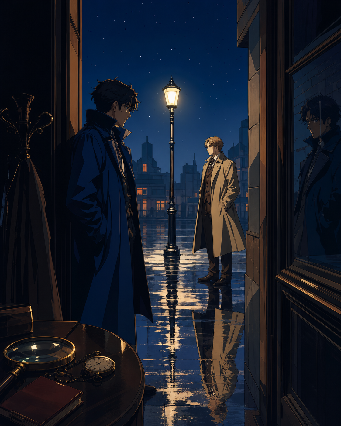 Two rival investigators meeting beneath the last working streetlamp, inside a precise but surreal investigation scene with no violence shown. Cinematic noir frame using doorways and reflected figures to layer the mystery