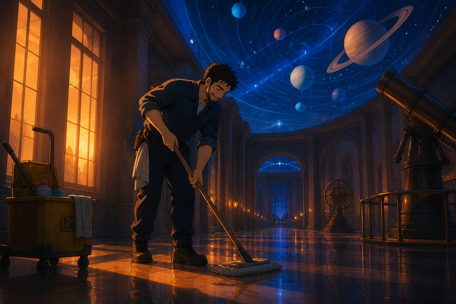 An adult observatory custodian polishing the floor beneath a moving indoor sky, centered on an ordinary task made memorable by the unusual setting. Long corridor or lobby view using light to guide attention toward the ta