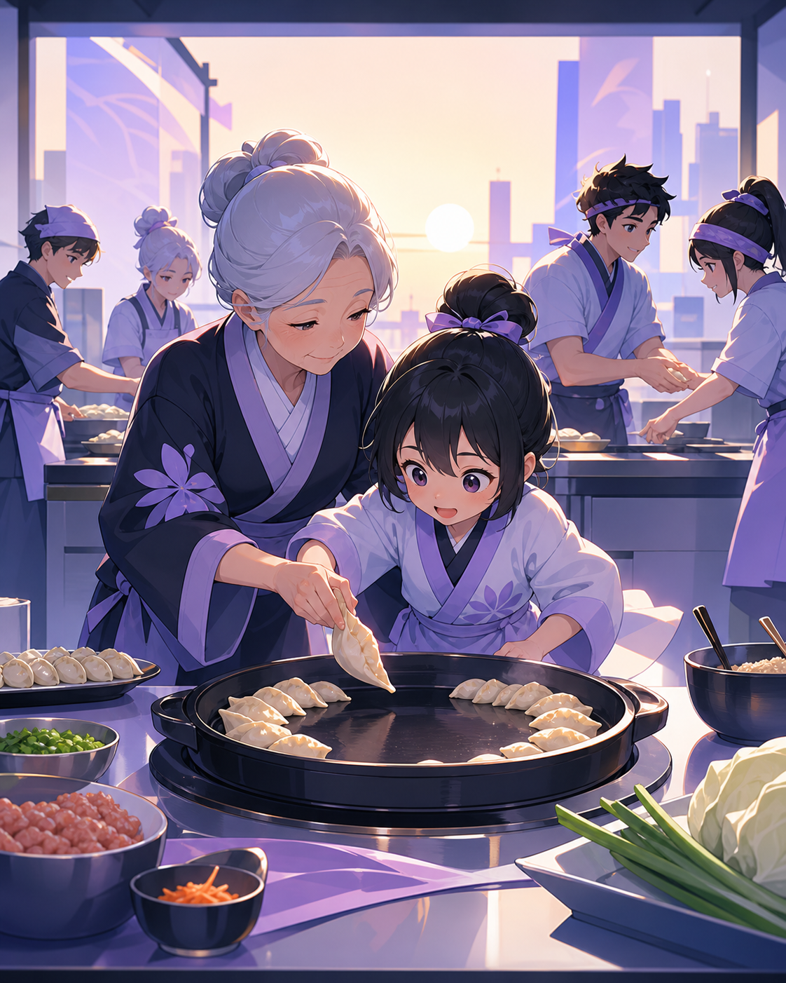 A child and grandparent team entering a neighborhood dumpling contest, when competitors pause to help one another finish safely. Counter-height action view centered on one precise cooking motion. Pale lavender, icy blue,