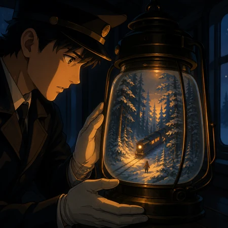 A winter forest growing inside an old train conductor's lantern, as one person discovers the object's impossible interior. Split-scale composition balancing a human figure and inne