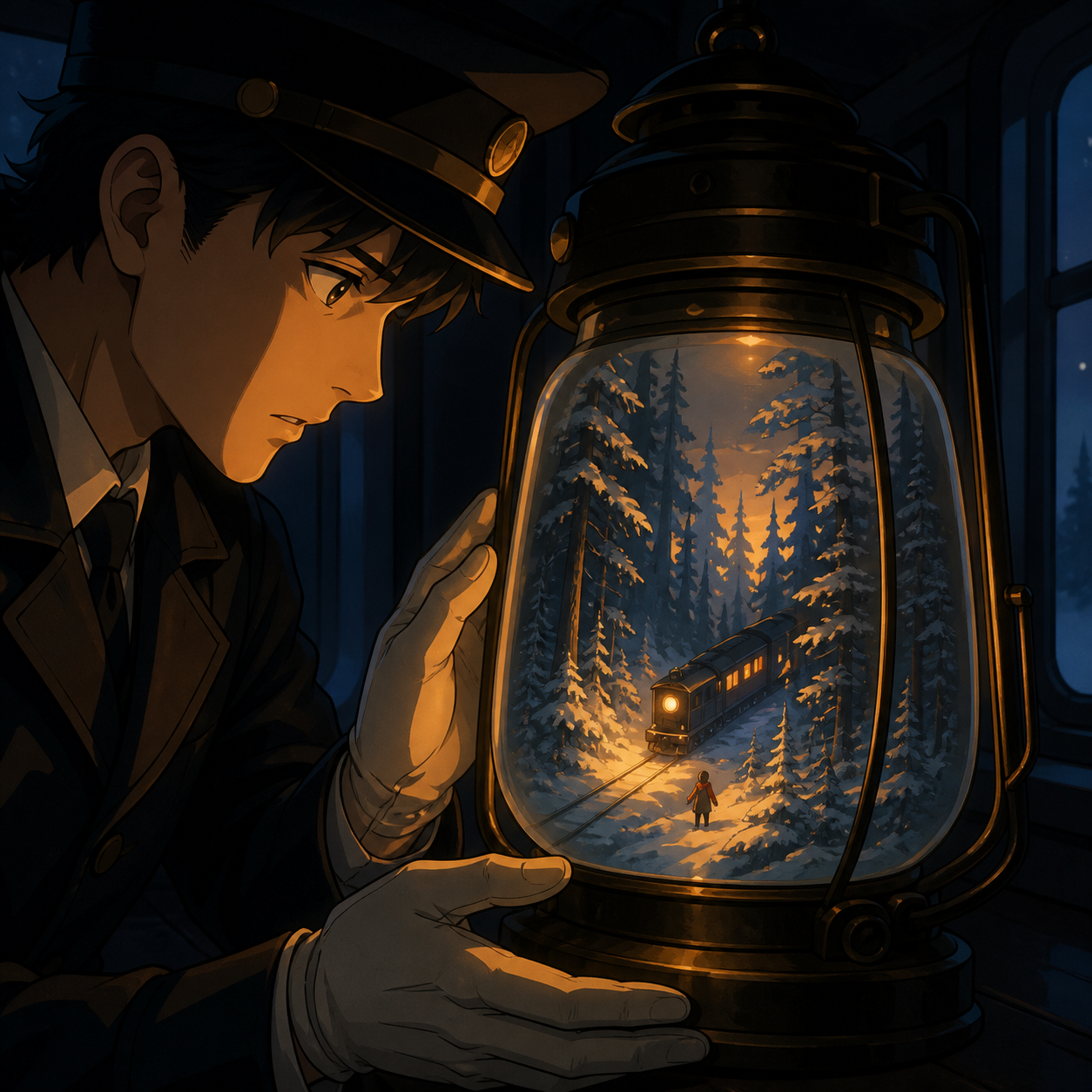 A winter forest growing inside an old train conductor's lantern, as one person discovers the object's impossible interior. Split-scale composition balancing a human figure and inner civilization. Amber, walnut brown, rai