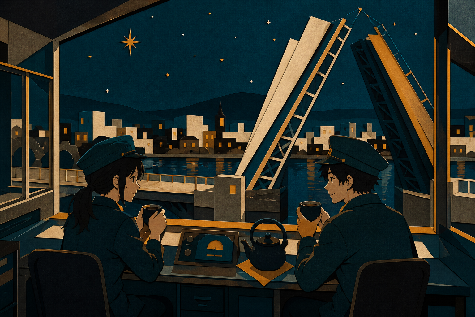 Two bridge operators sharing tea while a sleeping city crosses the river, during the private-feeling hour when public spaces belong to their workers. Intimate counter-side composition surrounded by empty architecture. Sa