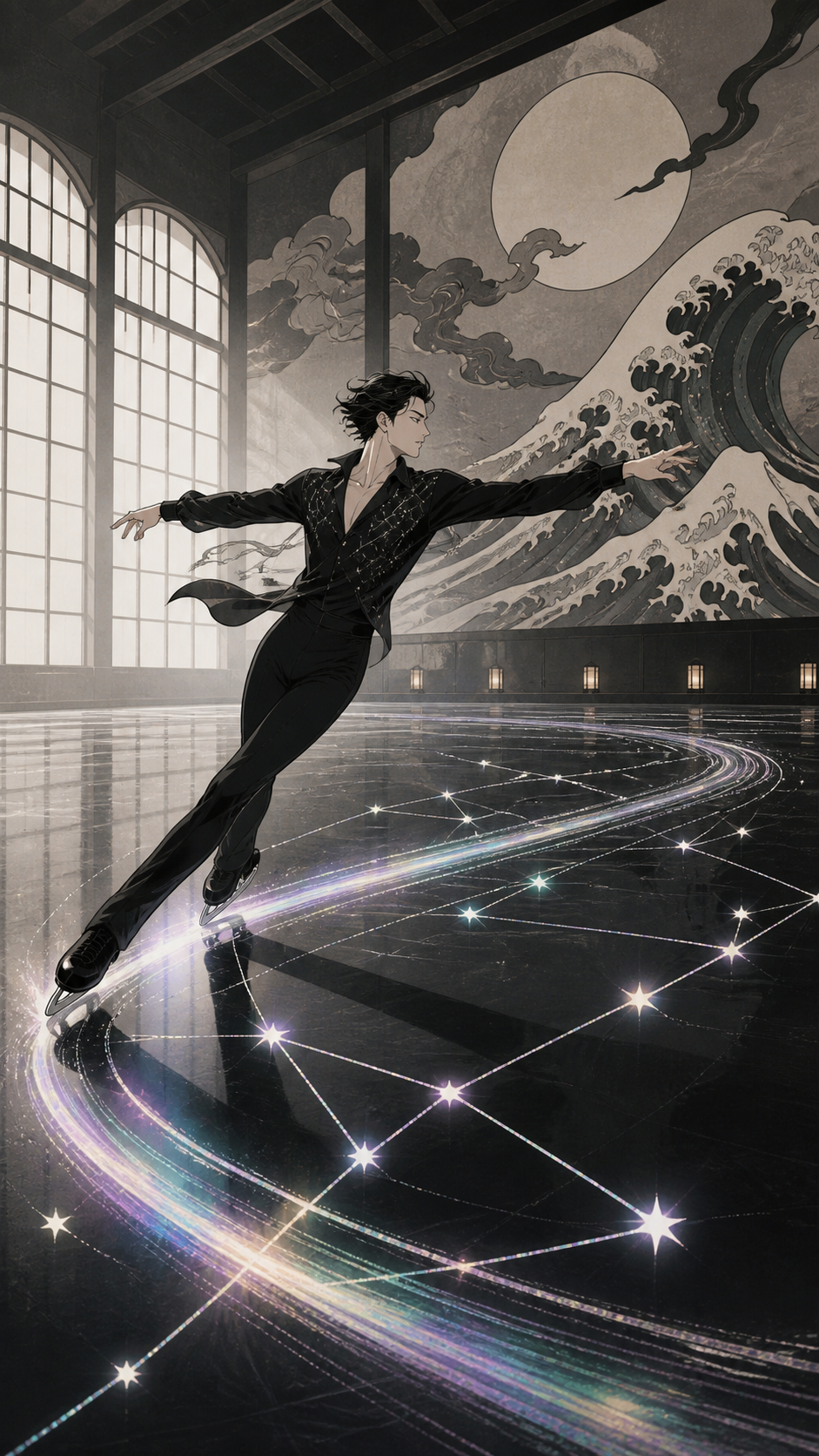 An adult figure skater tracing luminous constellations across black ice, shown as disciplined athletic movement rather than combat spectacle. Bold diagonal action composition with ample space ahead of the movement. Monoc