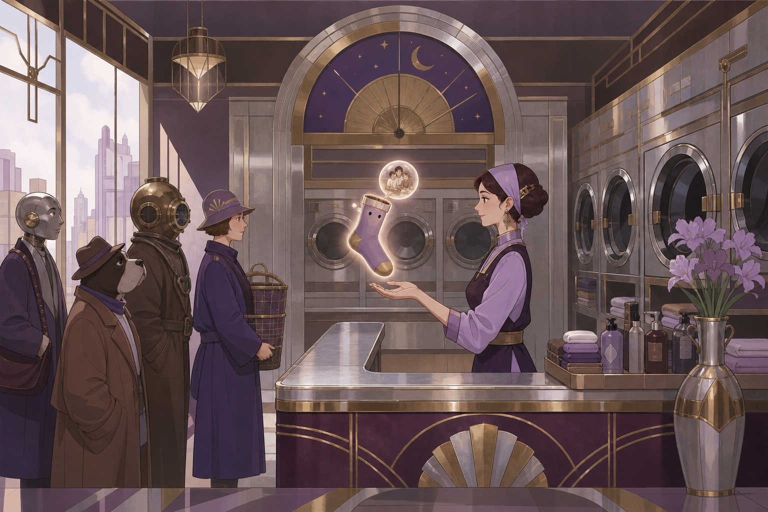 An all-night laundromat where misplaced socks return carrying forgotten memories, while a line of unusual customers waits with patient familiarity. Observational workplace scene centered on one clear service interaction.