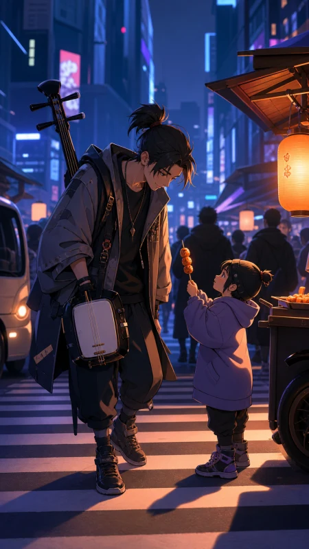 A tired musician carrying an electric shamisen through a midnight crosswalk, during a crowded evening where one quiet interaction becomes the focus. Compressed alley perspective fo