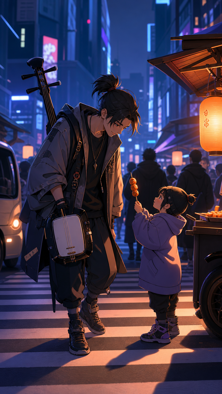 A tired musician carrying an electric shamisen through a midnight crosswalk, during a crowded evening where one quiet interaction becomes the focus. Compressed alley perspective focused on one intimate exchange. Pale lav
