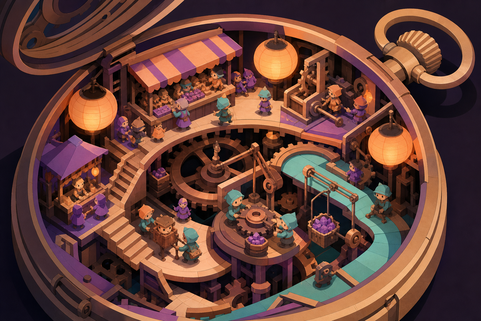 A bustling market hidden inside the mechanism of a pocket watch, as inhabitants solve an everyday problem using ingenious small machinery. Isometric-like miniature vista with multiple readable zones of activity. Apricot,
