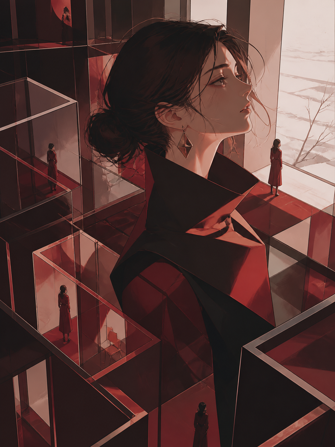 A portrait of loneliness represented as an inhabited glass maze, expressed as a visually coherent editorial artwork with no written explanation. Bold gallery-poster composition with no typography. Crimson, black cherry, 
