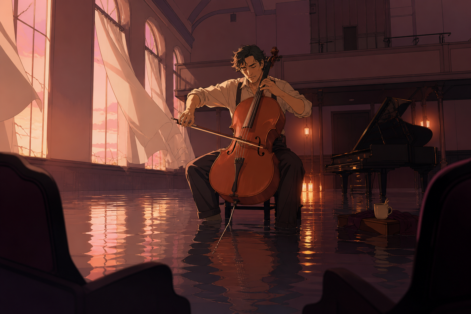 An adult cellist performing alone in a flooded concert hall, during a rehearsal that unexpectedly becomes magical. Intimate low-angle concert view with dramatic foreground silhouettes. Muted rose, parchment, muted plum, 