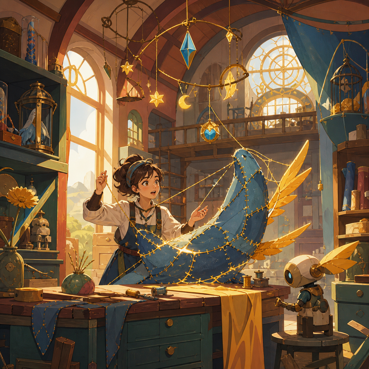 An artisan studio where damaged dreams are repaired with gold thread, at the moment one experiment produces an unexpectedly beautiful result. Room-wide workshop view organized around a strong central craft action. Clay r