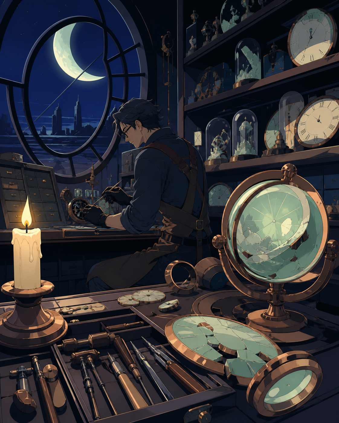 A clock repair shop specializing in broken moments rather than machines, after hours when unfinished creations quietly become active. Close observational composition layered with tools in foreground and active work behin