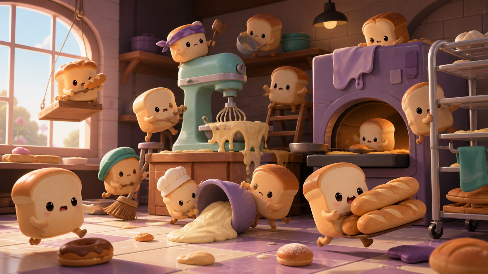 A gang of tiny bread spirits attempting to operate a full-size bakery, in the middle of an escalating but harmless disaster. Ensemble comedy tableau with several connected visual jokes. Apricot, orchid purple, pool turqu