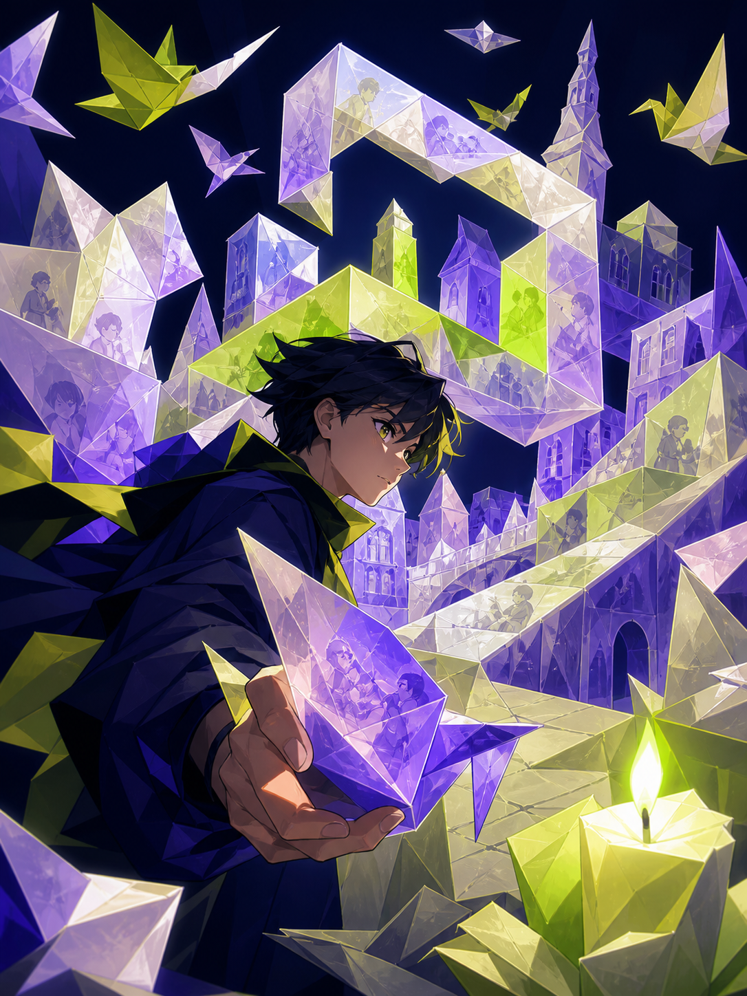 A city assembled entirely from folded memories represented as translucent paper, using one impossible transformation as the central visual rule. Bold gallery-poster composition with no typography. Acid lime, ultraviolet,