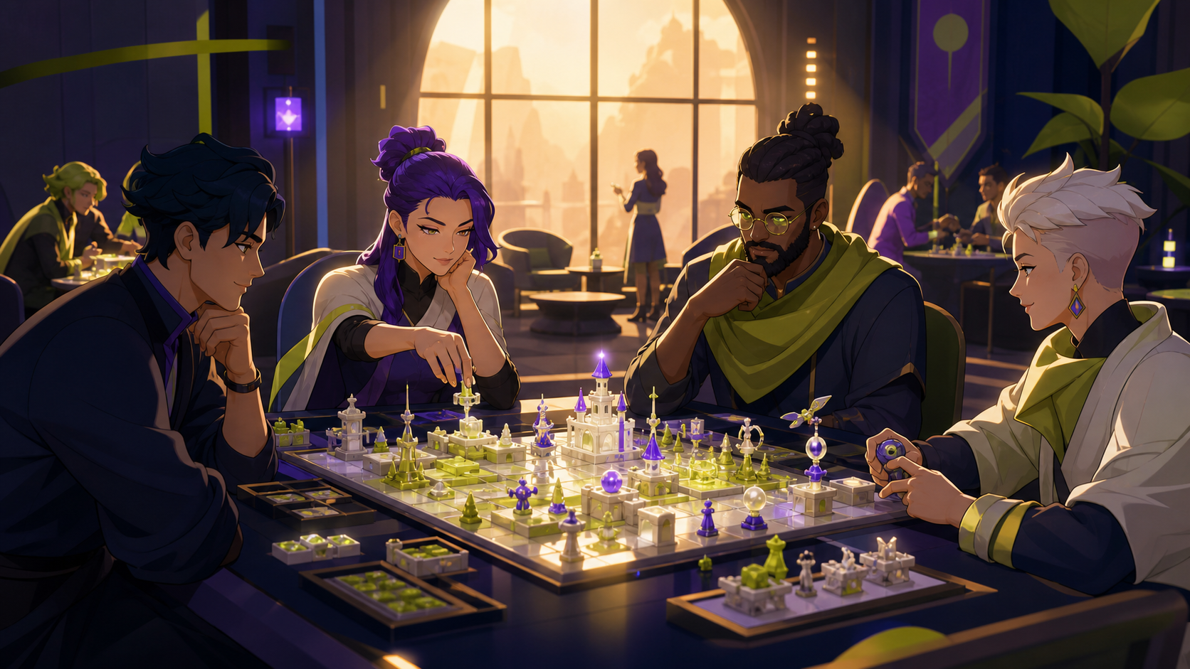 Adult friends playing a strategy board game whose pieces build a tiny moving kingdom, in a relaxed social setting with several connected small moments. Wide community-room scene with several games and one primary group. 